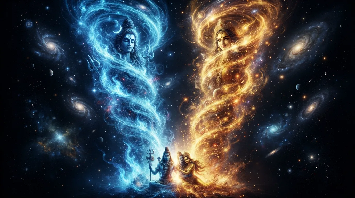 Two massive pillars of glowing blue and gold energy shaping into the silhouettes of Shiva and Parvati in deep space.