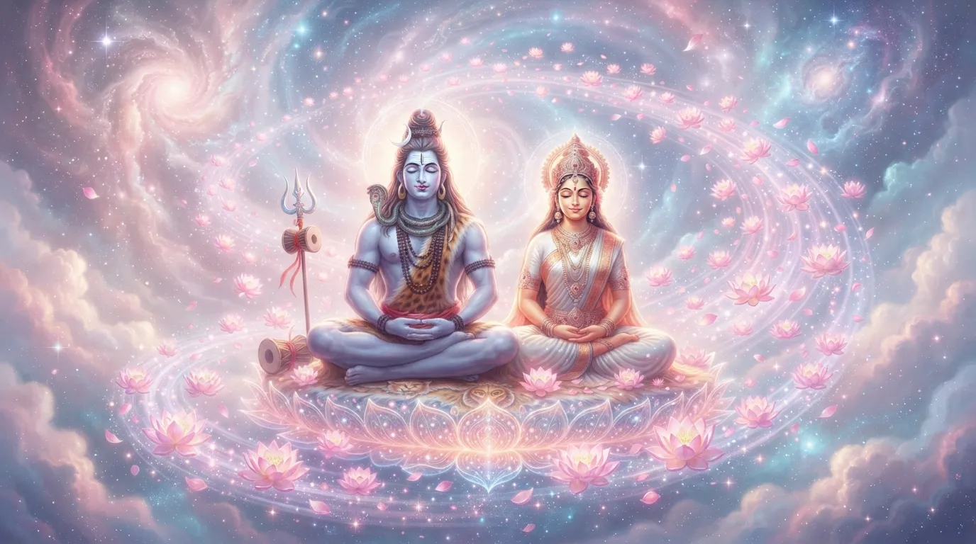 Ethereal artwork of Shiva and Parvati meditating with glowing pink lotus flowers floating gently around them.