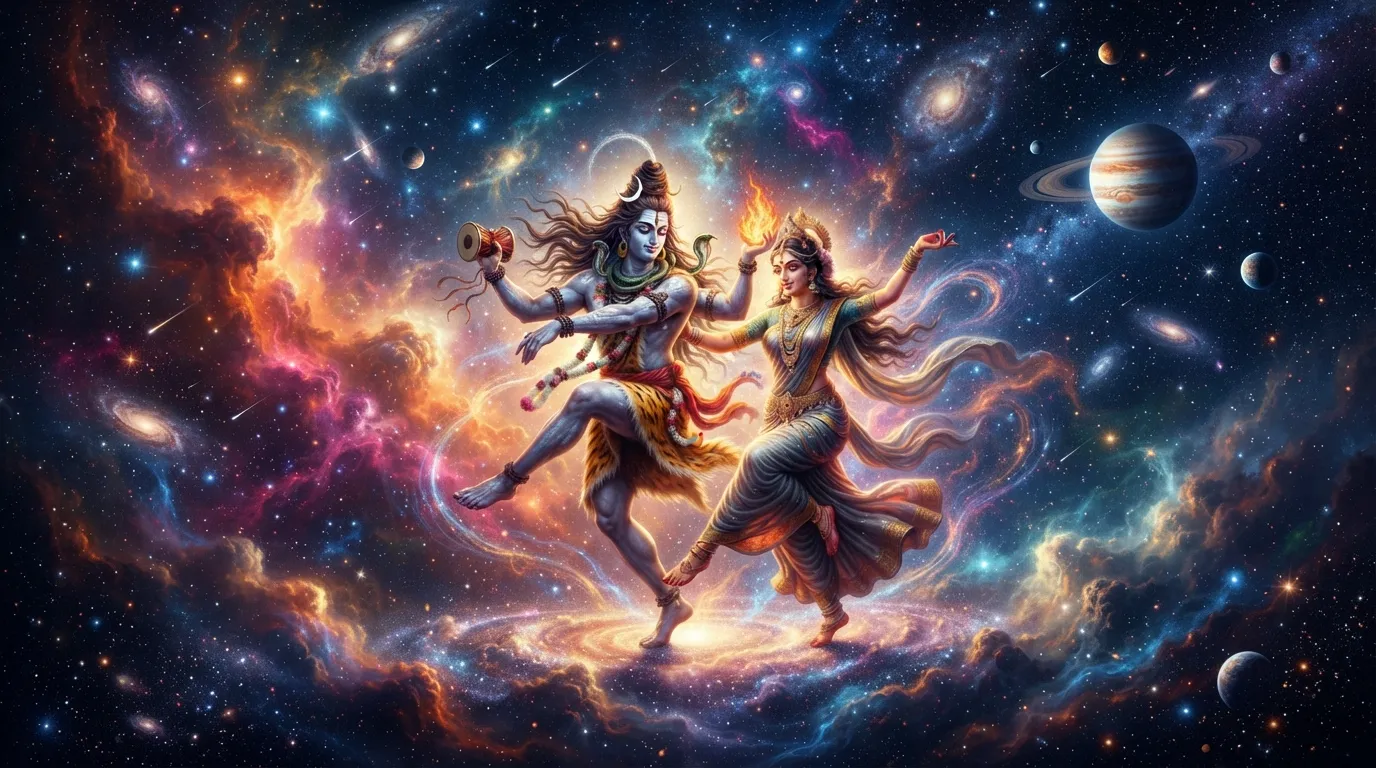 Shiva and Parvati dancing gracefully surrounded by glowing cosmic nebula clouds and distant planets.