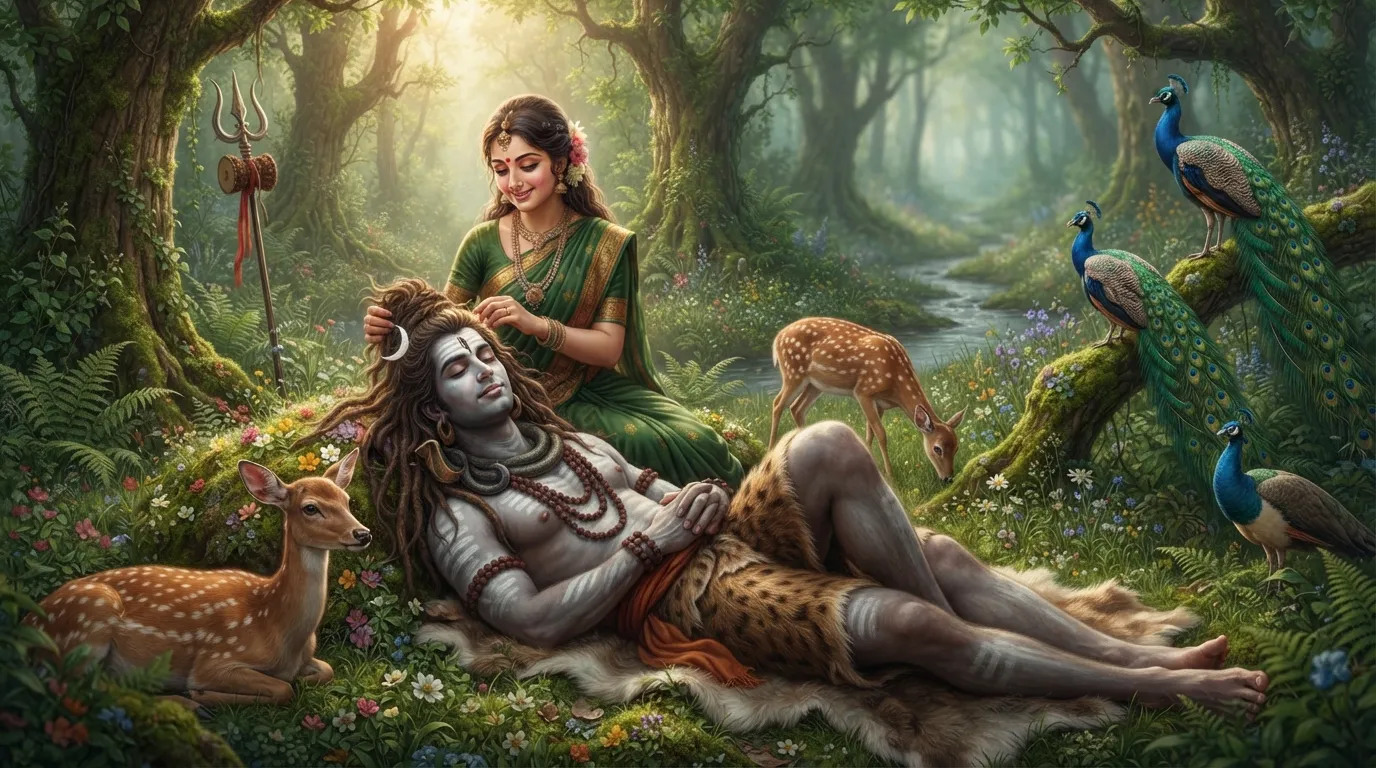 Peaceful painting of Shiva reclining with his head in Parvati's lap in a secluded forest glade, both looking serene and content.