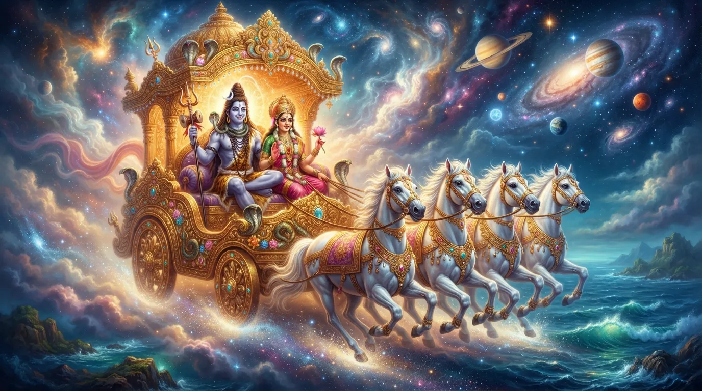 Shiva and Parvati riding a golden chariot pulled by white horses through a cosmic sky.