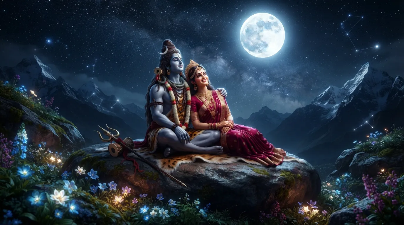 Shiva and Parvati sitting side by side on a large rock looking at the full moon together