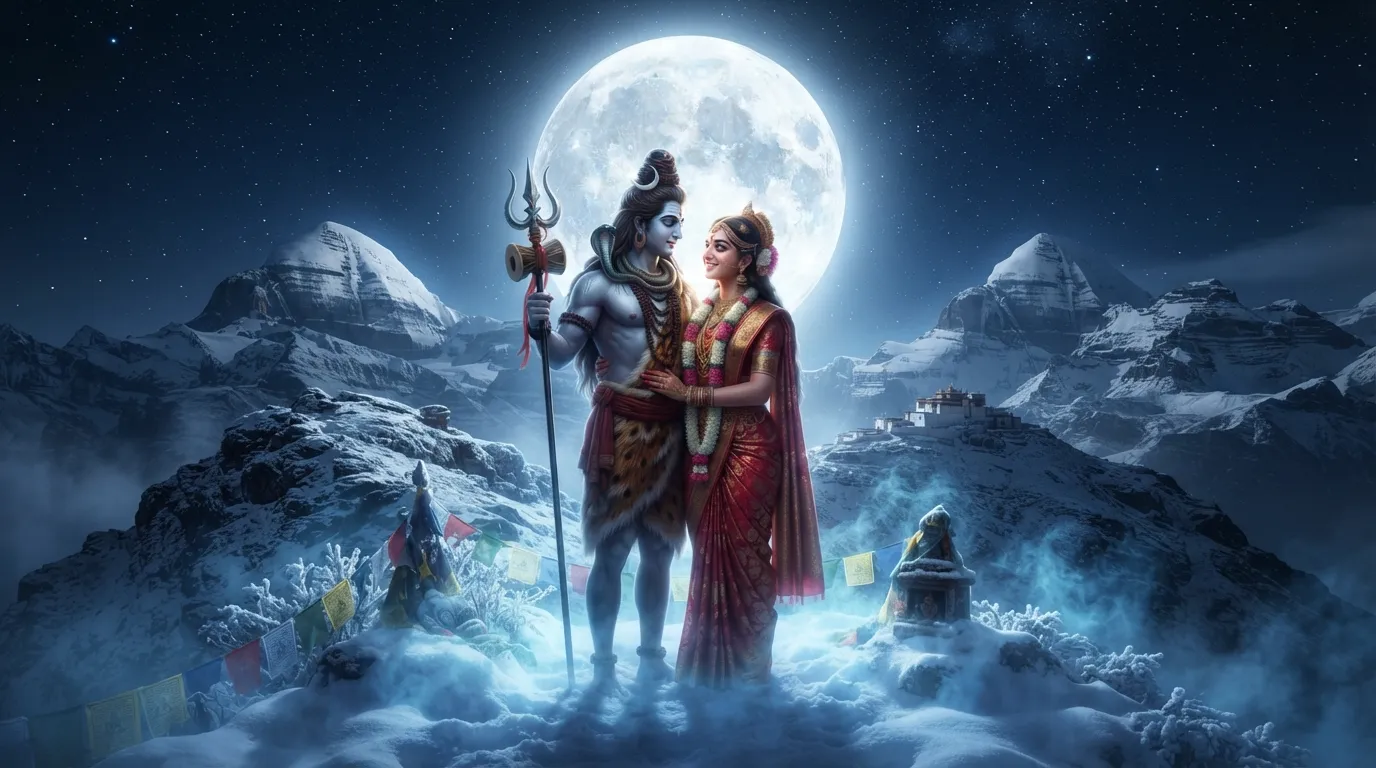 Lord Shiva and Goddess Parvati looking at each other lovingly under a bright full moon in Mount Kailash