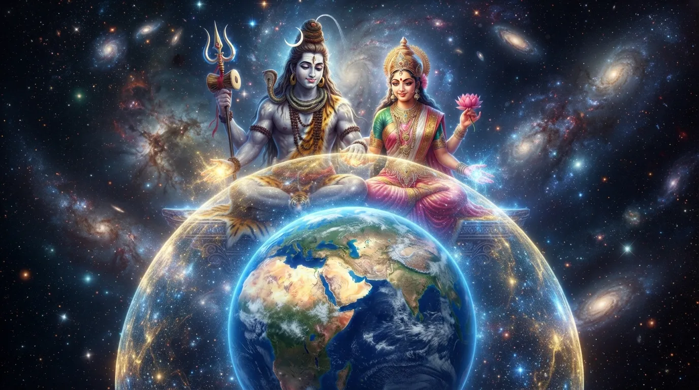 Lord Shiva and Parvati extending their hands to protect the planet Earth with a glowing shield of divine starlight.