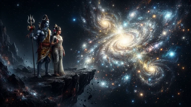 Shiva and Parvati standing on a cosmic cliff looking out at a bright exploding star creating a new galaxy.