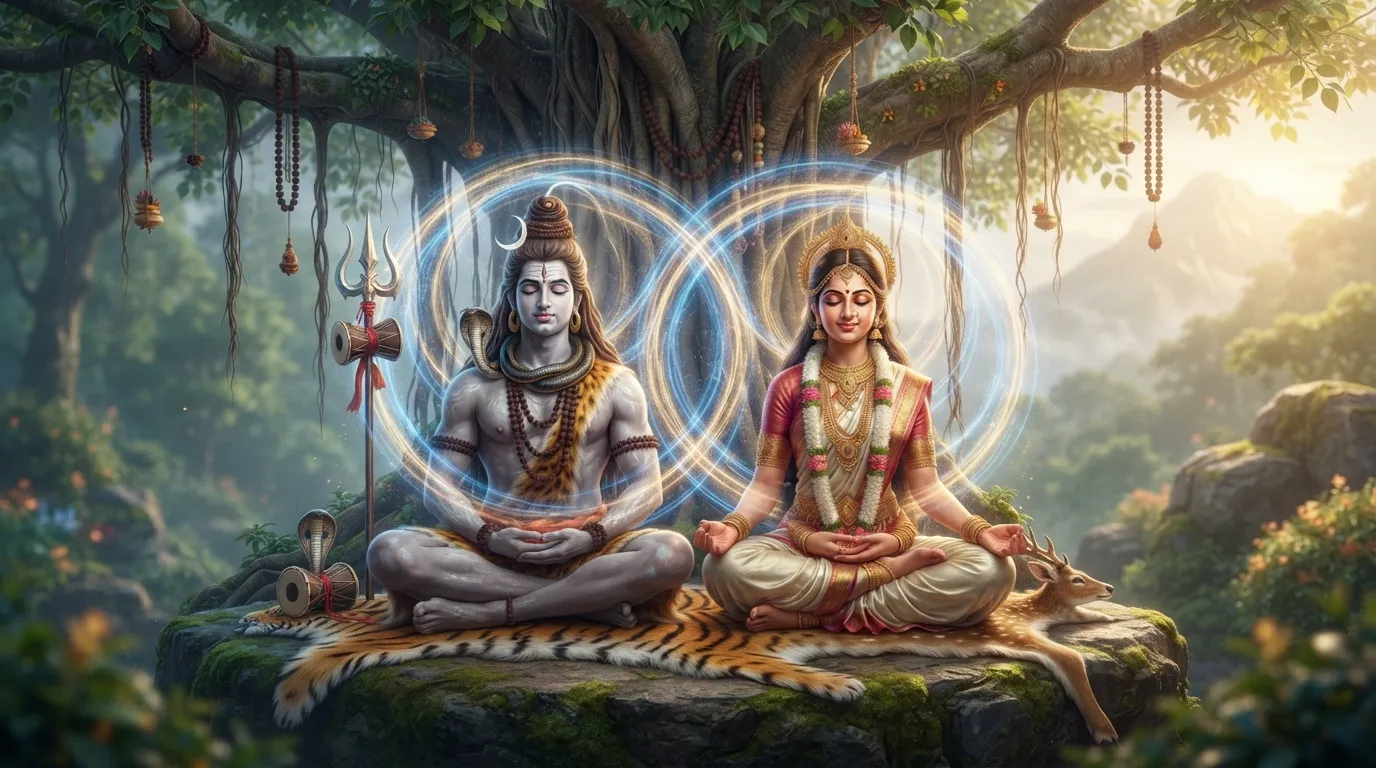Shiv Parvati engaged in joint meditation with interlinked auras