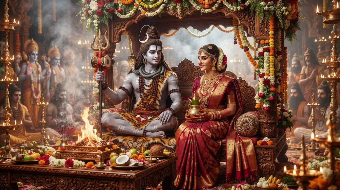 Shiv Parvati wedding ceremony under a beautifully decorated traditional mandap with vibrant flowers and garlands.