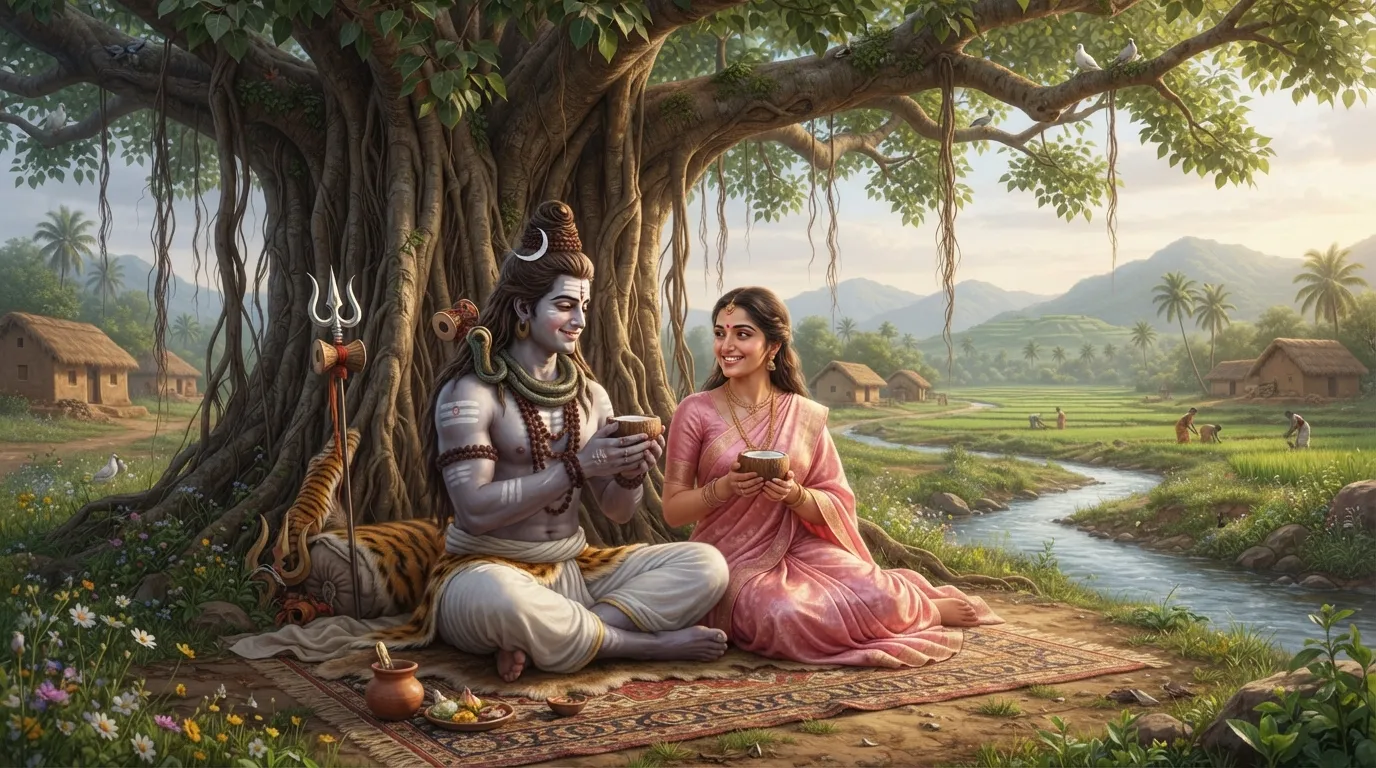 A cute illustration of Lord Shiva and Goddess Parvati sharing a coconut drink under a banyan tree.