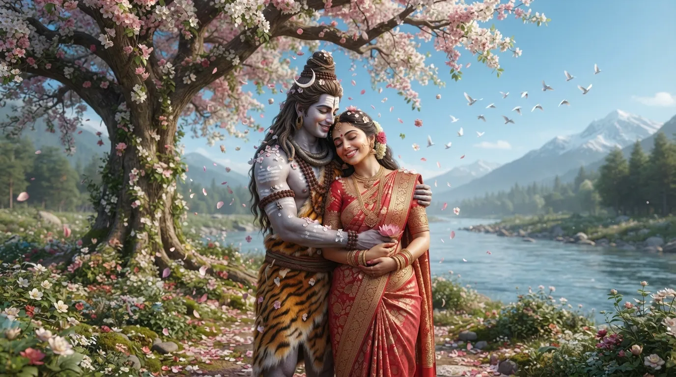 A heartwarming illustration of Lord Shiva and Goddess Parvati embracing each other with love and affection
