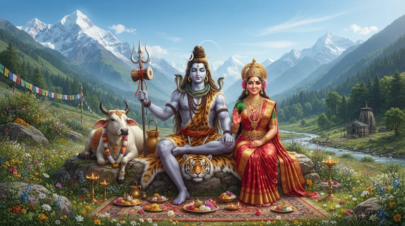 Shiva and Parvati seated with Nandi against a scenic mountain valley and blue sky.