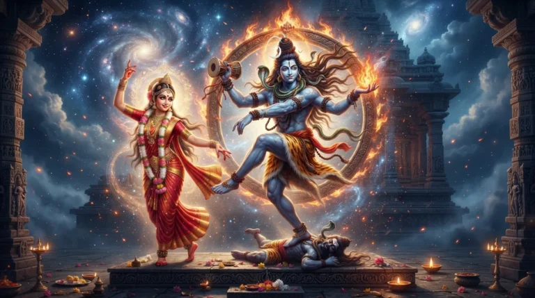 Shiva performing the dynamic Tandava dance, accompanied by Parvati's graceful Lasya dance.
