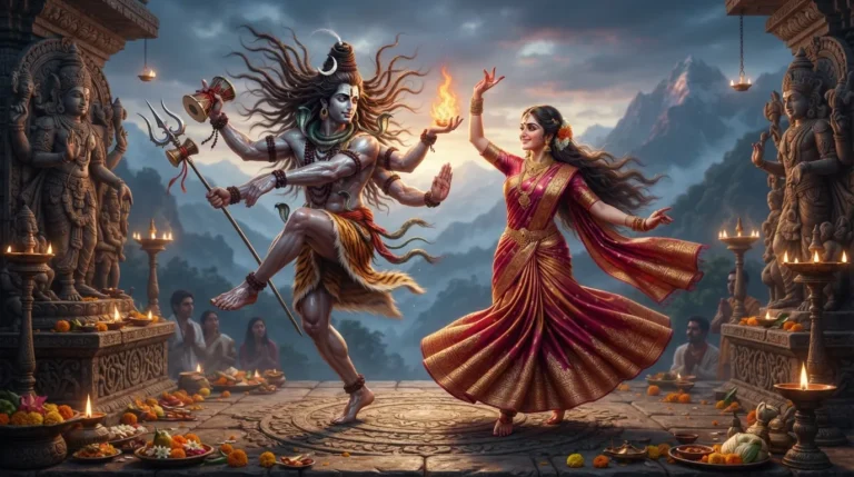 Artwork of Shiva performing the vigorous Tandava dance while Parvati responds with the graceful Lasya dance, showing their interconnectedness.