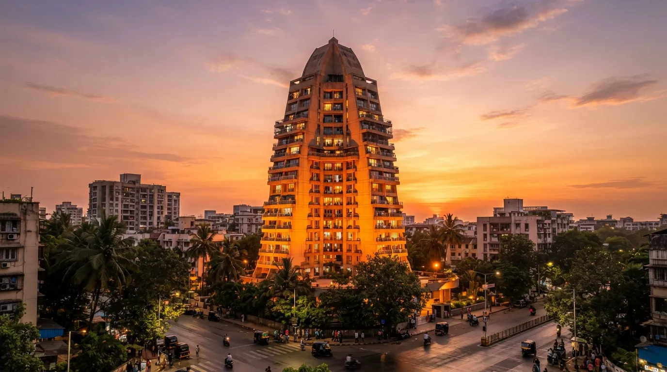 Shivling Building in IC Colony photographed during a warm sunset golden hour.