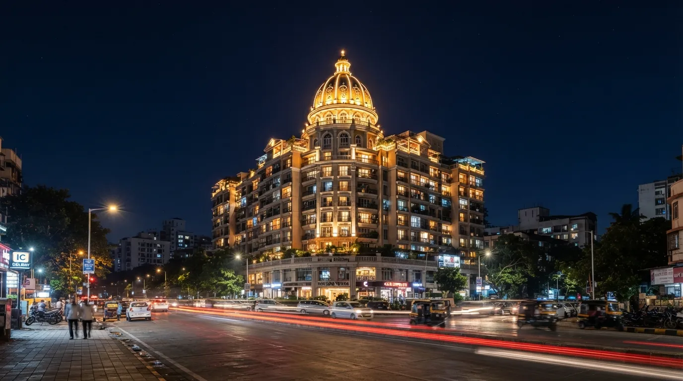 Night photography of Shivling Building in IC Colony illuminated with city lights.