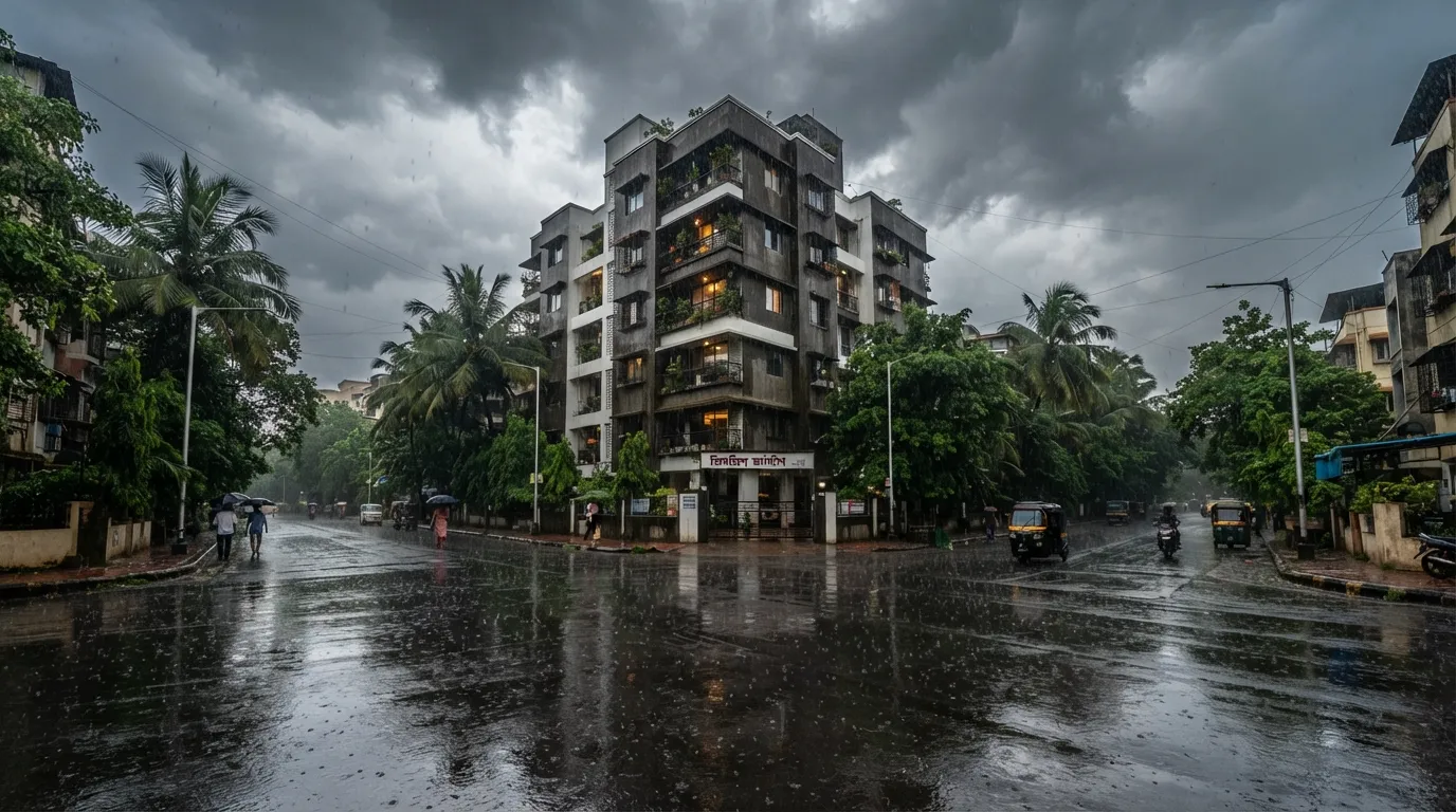 Shivling Building IC Colony during a rainy monsoon day with wet streets.