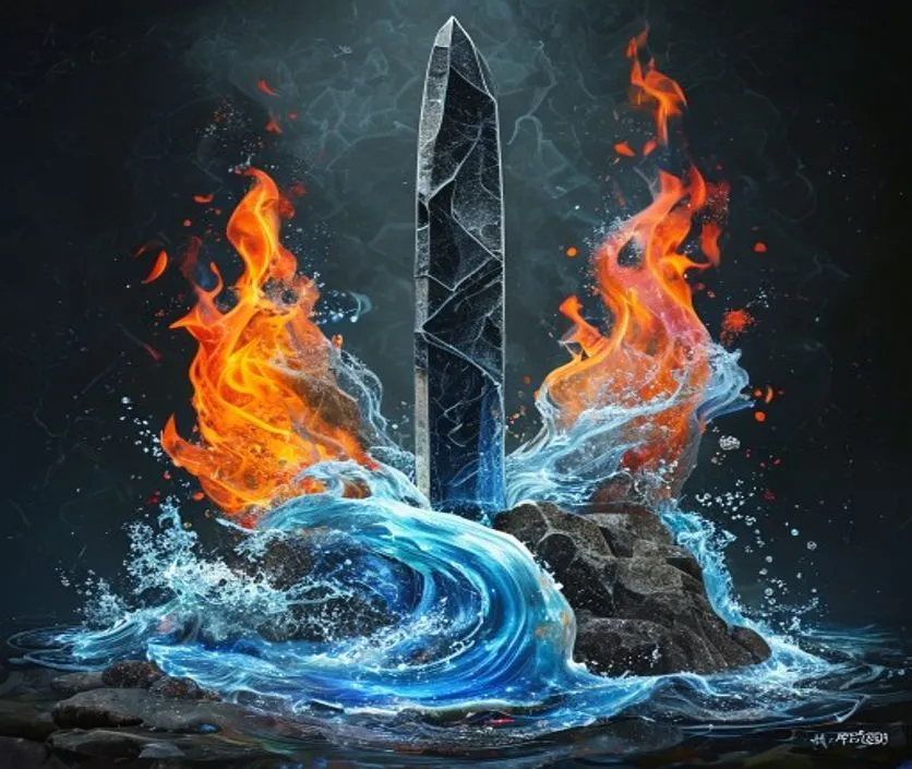 A stone Shivling surrounded by water waves, burning fire flames, green leaves, earth soil, and open air.