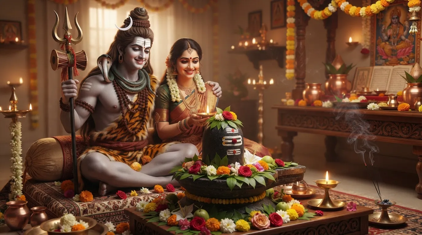 Holy Shravan month celebration image featuring Lord Shiv Parvati, a beautifully decorated Shivling, and ritual items.