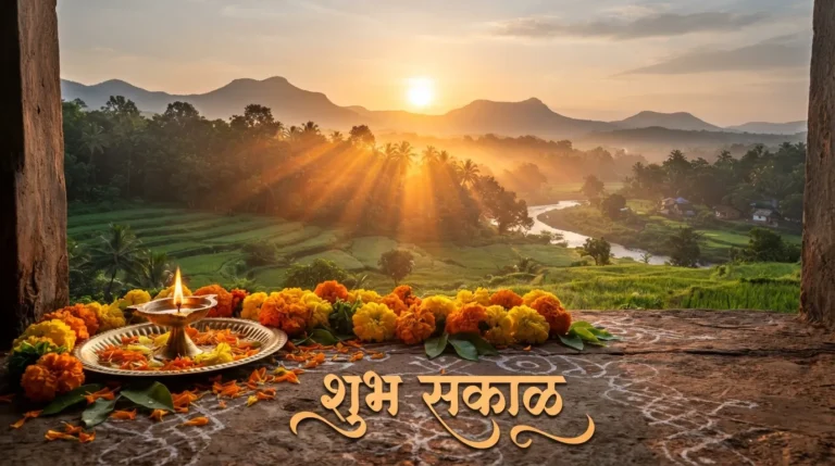 Beautiful sunrise over a village in Maharashtra with Shubh Sakal text in Marathi