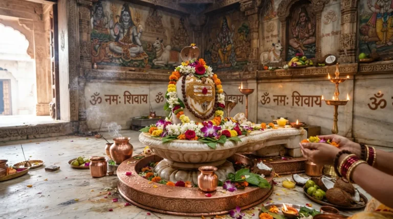 Ek safed sangmarmar ka Bholenath Shivling, fulon aur belpatron se saja hua.