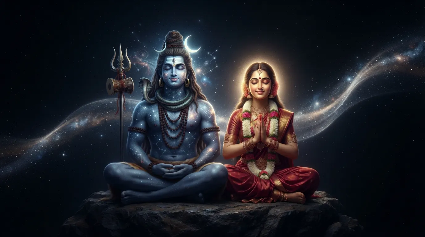 Meditative peaceful side profile of cosmic Shiva and glowing warm Parvati in deep samadhi