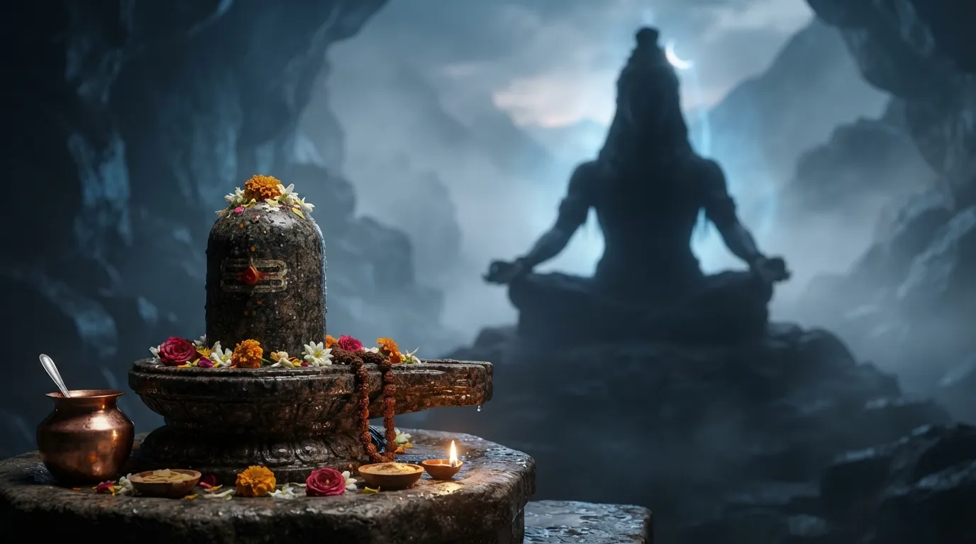 Cinematic full hd graphic of a glowing shivling with the silhouette of meditating lord shiva in the background.