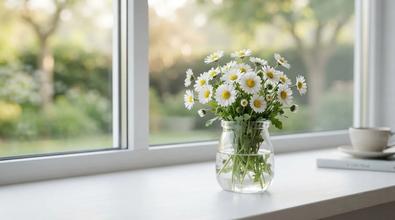 Minimalist white daisy flowers in a glass vase under morning light.