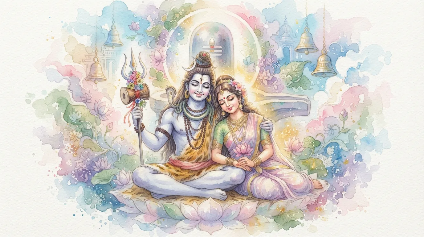 Aesthetic pastel watercolor artwork depicting a gentle and loving scene of Shiv Parvati with Shivling image.