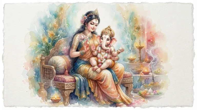 A gentle and dreamy watercolor painting of Lord Shiva, Goddess Parvati, and Lord Ganesha