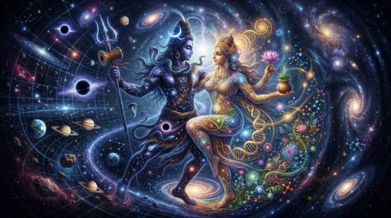 Surreal digital art of Shiva and Parvati manipulating the cosmic space time fabric