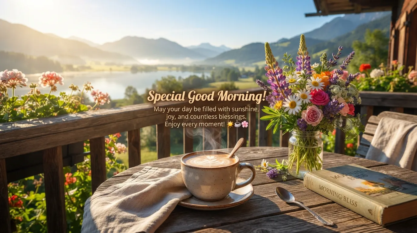 Beautiful special good morning image with colorful flowers, a warm cup of coffee, and an inspiring morning quote.