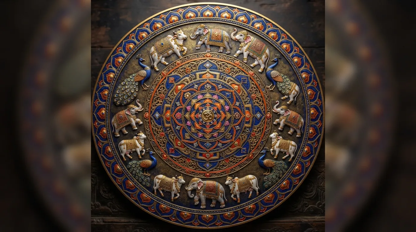 An ornate white elephant standing gracefully beneath a glowing central mandala with traditional temple decorations.