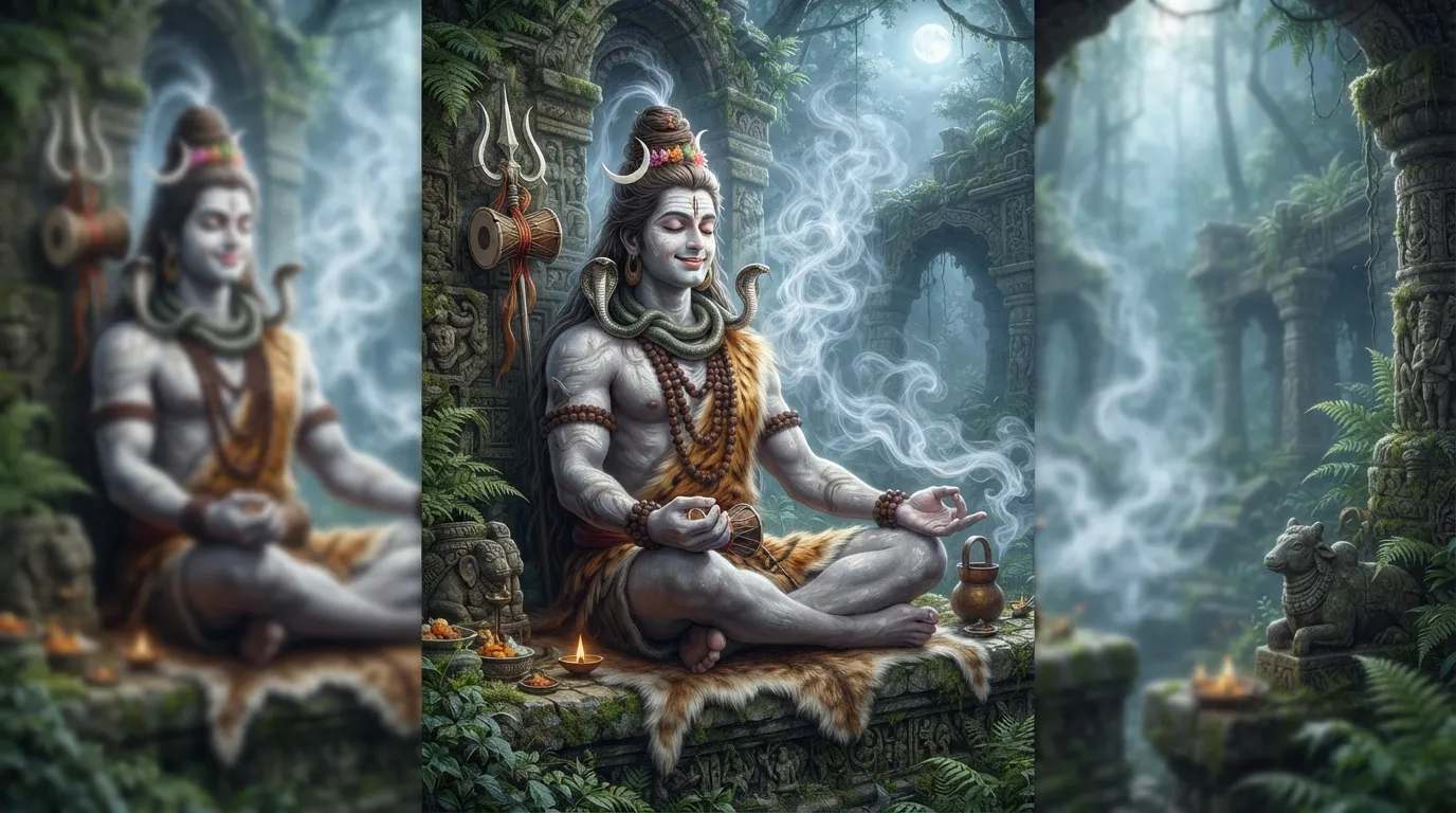 Artistic representation of Bholenath surrounded by mystical smoke.