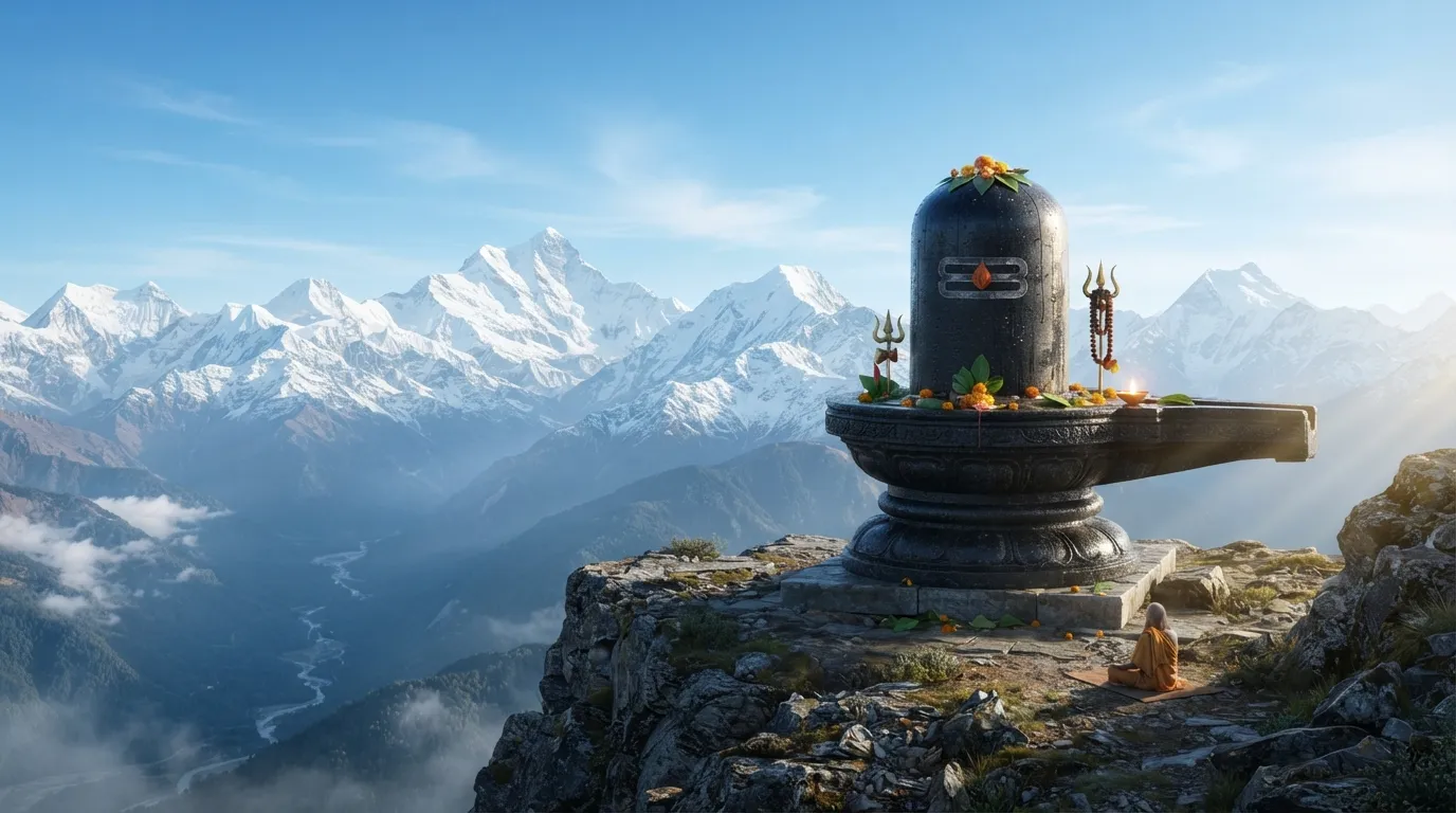 Full HD wallpaper of a black stone Shivling placed against the backdrop of snow-covered Himalayan peaks.