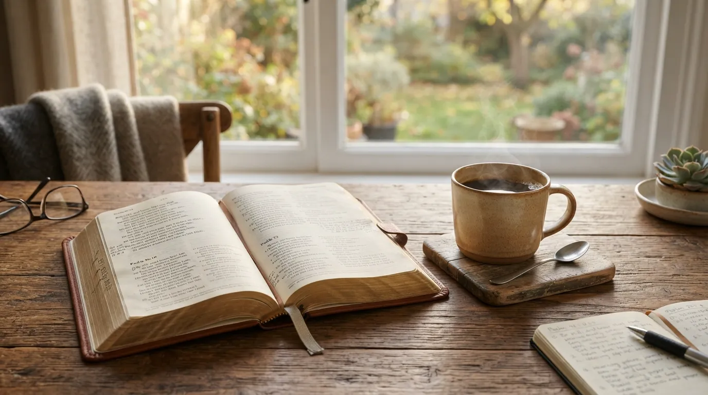 Good morning images god friday with open Bible and warm coffee