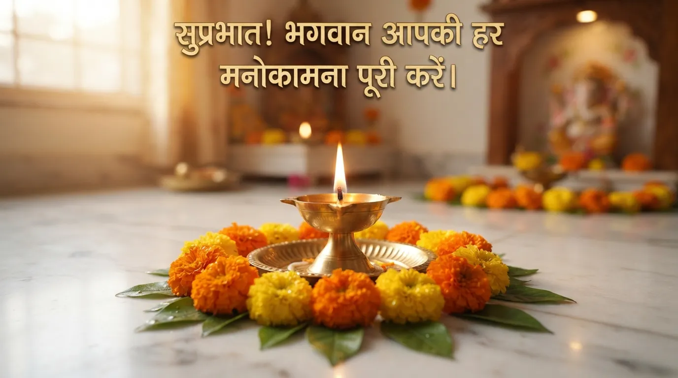 Spiritual morning image with a glowing diya, marigold flowers, and Hindi blessing.