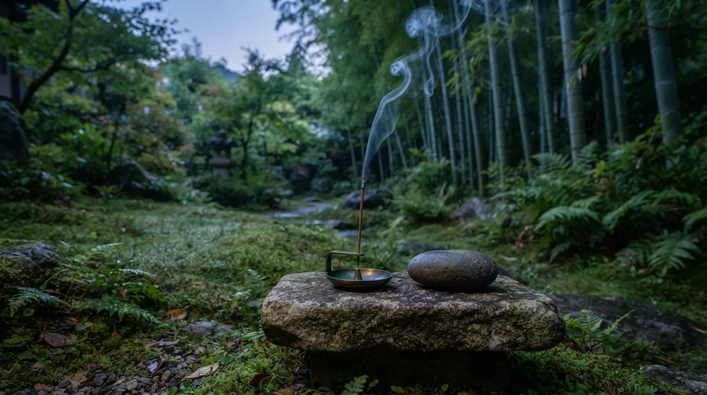 A peaceful outdoor meditation setting with prayer flags fluttering in soft morning light near a stone path.