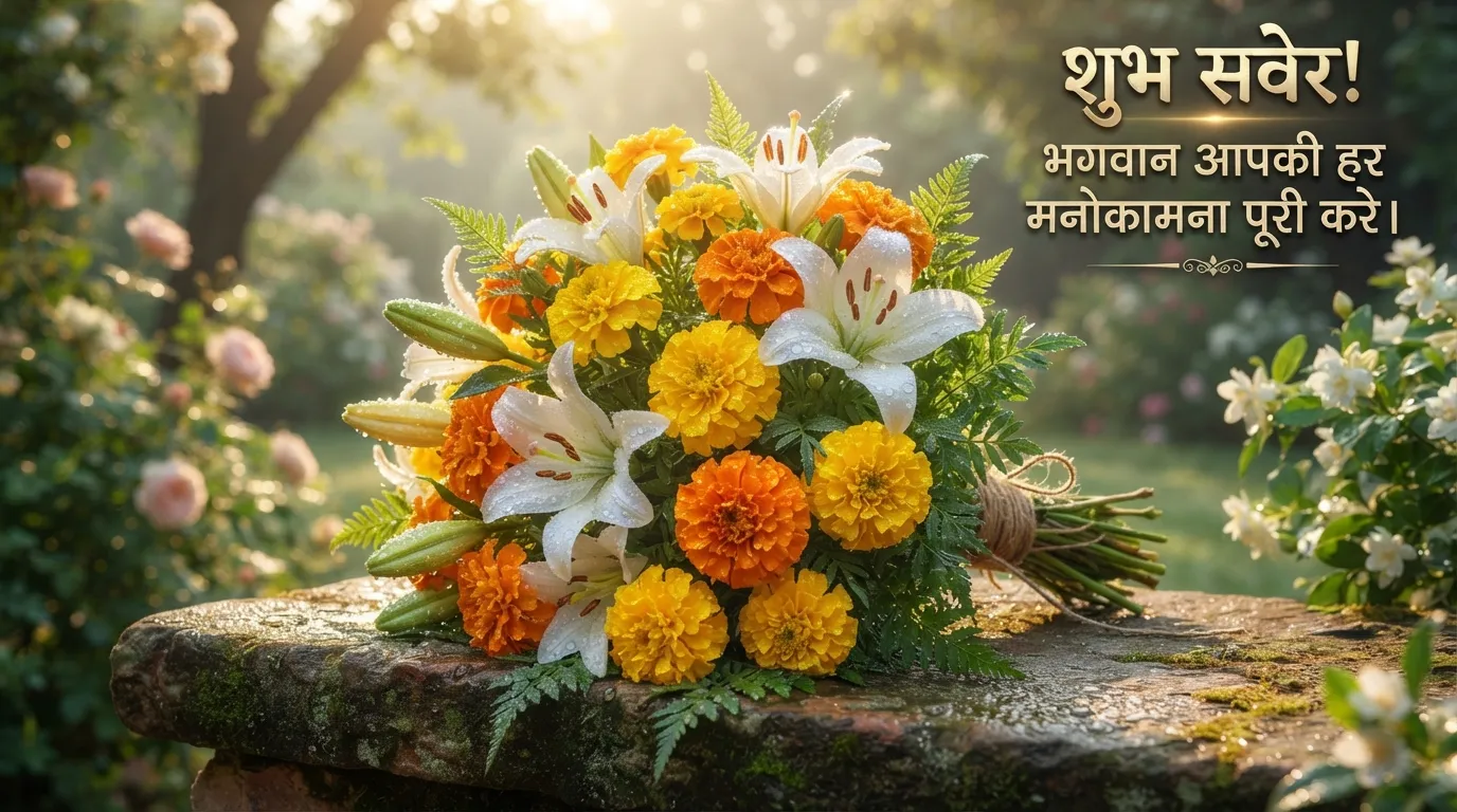 Fresh yellow and white flowers with divine Hindi morning blessings.