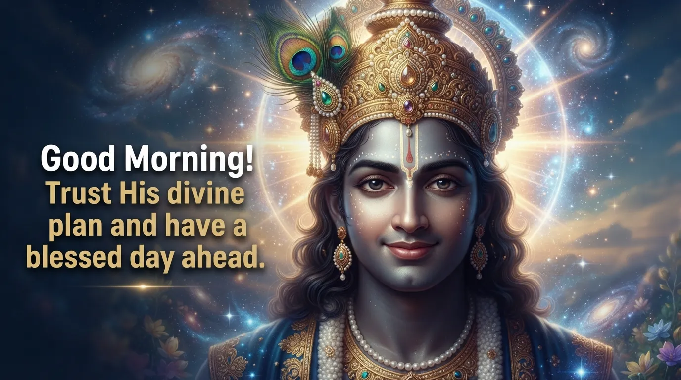 Spiritual image of Lord Krishna emitting divine light with a motivational quote.