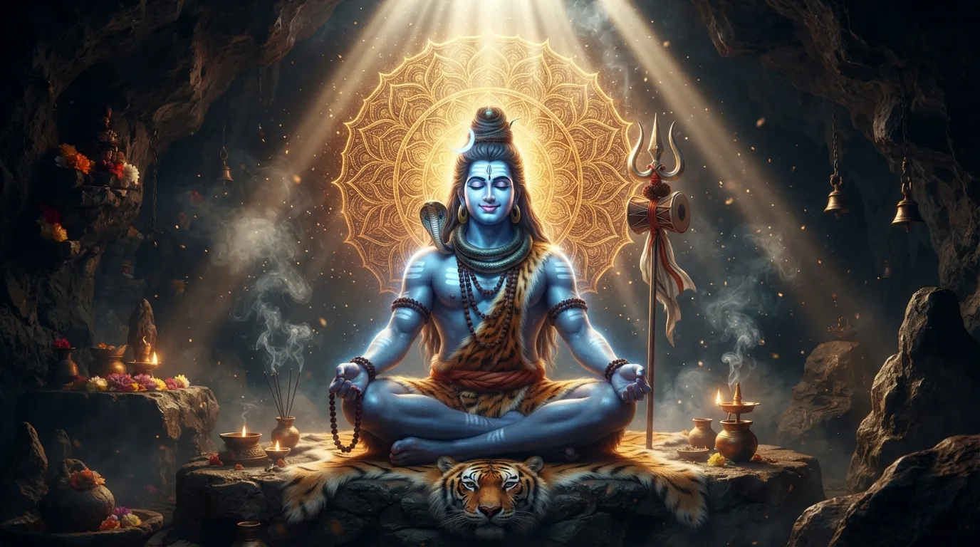 Lord Shiva meditating with a grand glowing golden spiritual aura and light rays behind him.