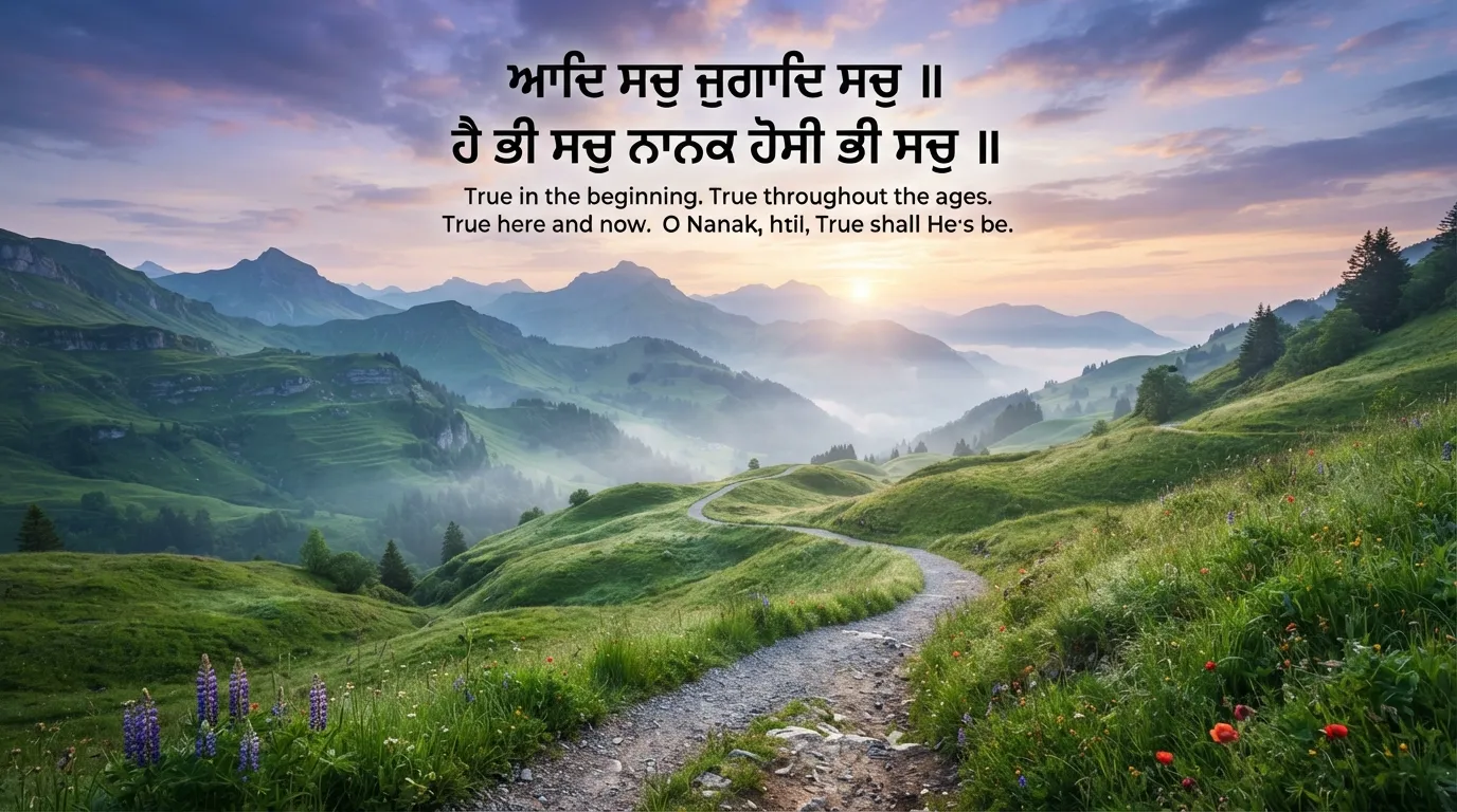 A beautiful misty mountain path at dawn with an inspirational Gurbani line.