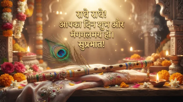 Lord Krishna's flute and peacock feather with a spiritual Radhe Radhe Hindi morning wish.