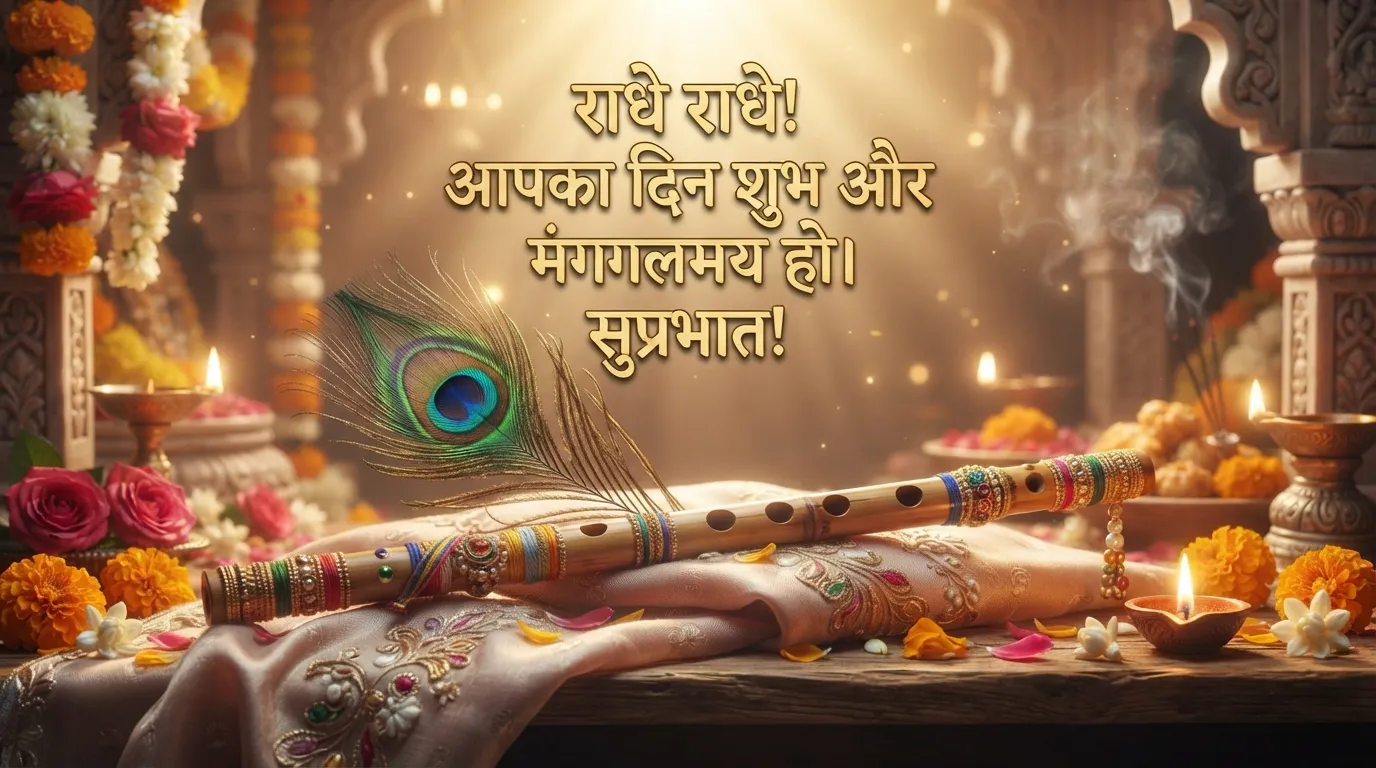Lord Krishna's flute and peacock feather with a spiritual Radhe Radhe Hindi morning wish.