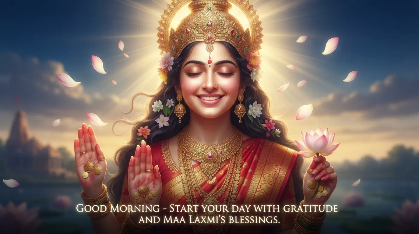 Glowing portrait of Goddess Laxmi bathed in morning sunlight rays