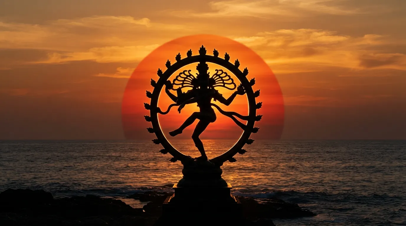 Dark silhouette shiva nataraja images against a huge fiery red sun backdrop.