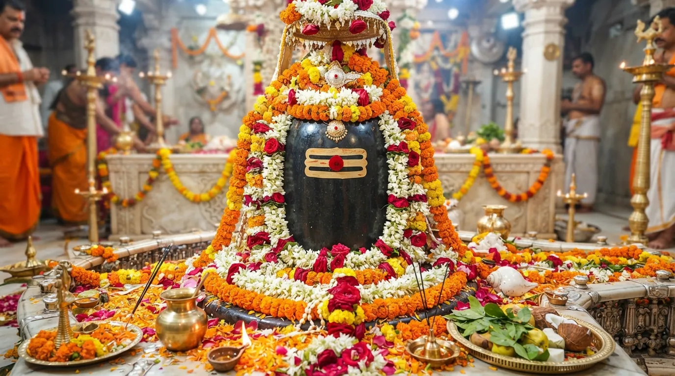 Full HD close up image of a black stone Shivling heavily decorated with colorful spring flowers for a festival.