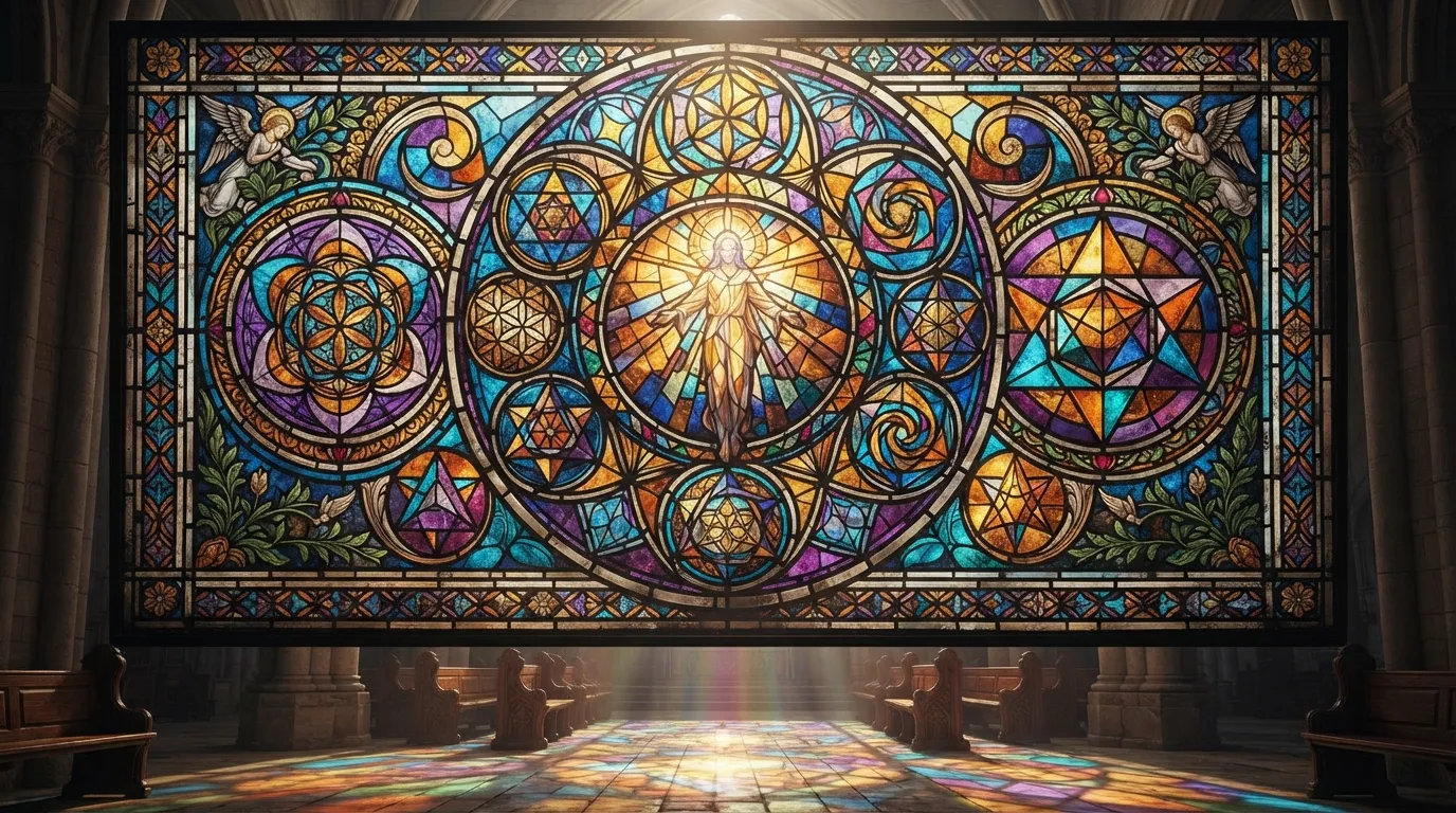Colorful stained glass window design featuring the Shiva, Parvati, and Ganesha family
