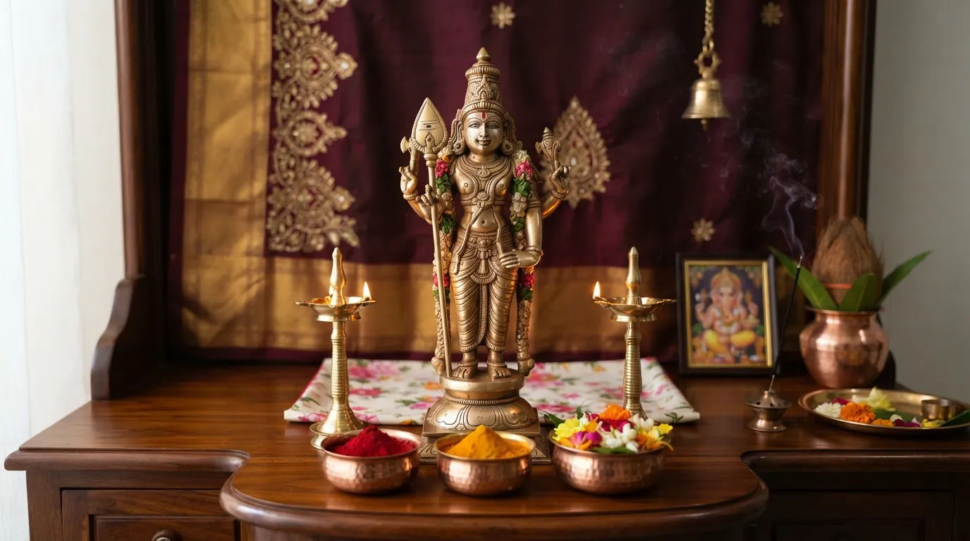 A traditional standing brass deity statue holding a sharp spear placed on a wooden altar for daily puja prayers.
