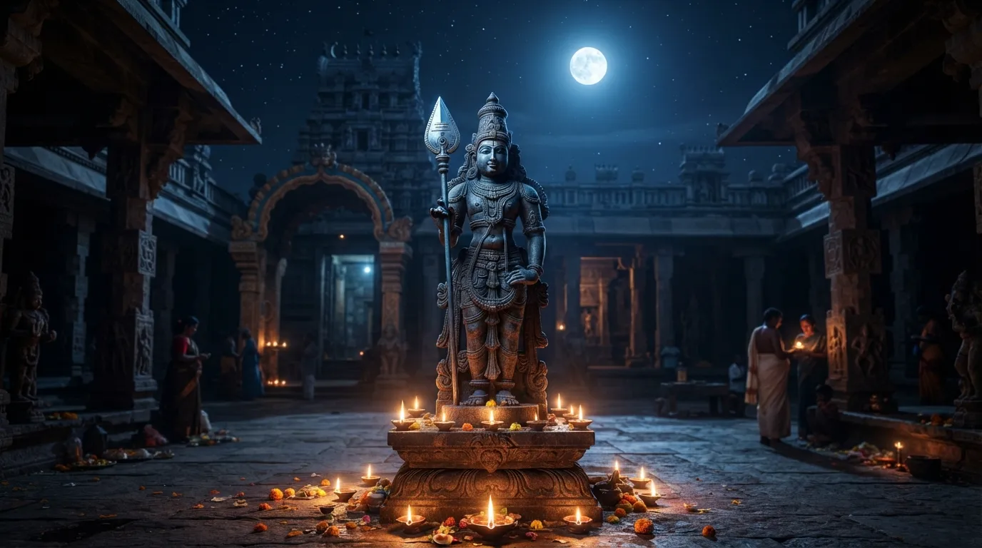 A mystical depiction of a standing Hindu deity holding a spear in an open-air temple courtyard illuminated by soft blue moonlight.
