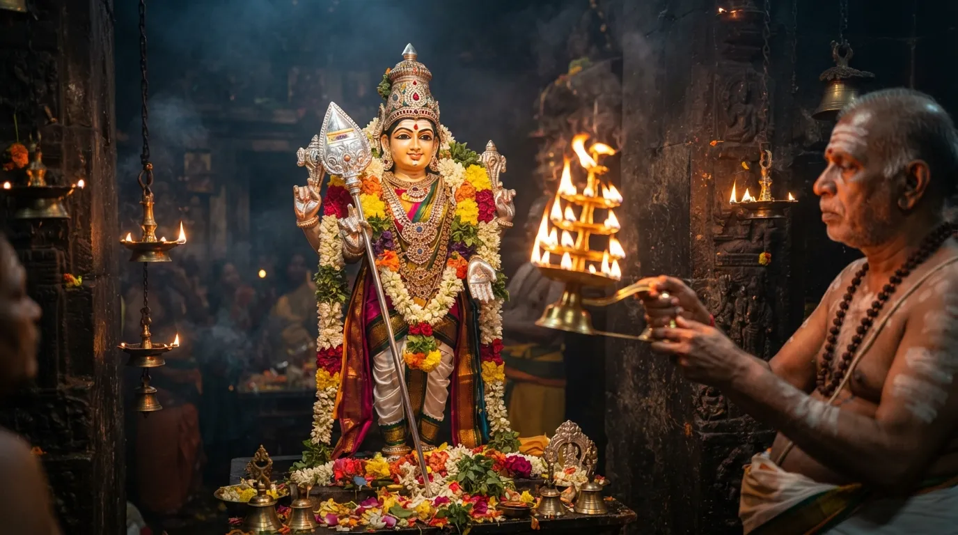 A standing Hindu deity holding a silver spear during the morning Arati ritual with a priest holding a flaming lamp.