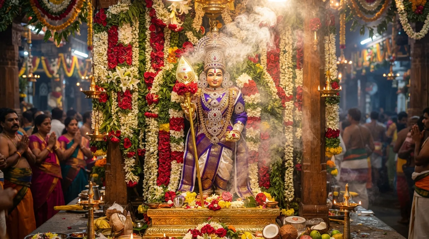 A standing Hindu deity holding a golden spear surrounded by grand festive decorations, colorful flowers, and burning incense inside a temple sanctuary.